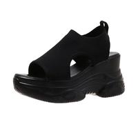 Sandalias negras con suelas gruesas para mujer, verano, malla, transpirable, boca de pescado, tacón oblicuo, zapatos deportivos informales, cómodos, elegantes, zapatos altos, zapatos de verano, Negro