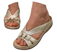Sandalias ortopédicas Cerradas Mujer Bordado Floral Sandalias Pantuflas Cuña Verano Cuero PU Zapatillas Peep Toe Pantuflas Plataforma Deslizamiento En Punteras Ocio Zapatos Abiertos Zuecos, dorado, 42