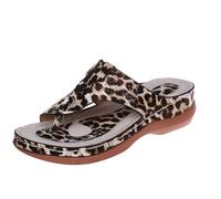 Sandalias Ortopédicas Con Separador De Dedos for Mujer Chanclas Retro Con Tacón De Cuña Zapatillas Con Punta De Clip De Cuero PU De Verano 2024 Flip-Flops De Plataforma Zapatos De Playa ( Color : Leop