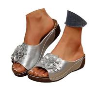 Sandalias ortopédicas para mujer, ligeras, gruesas, cómodas, con soporte de arco, cuña baja, plataforma elegante, puntera abierta, flores, caminar, zapatos casuales de verano, S Plateado, 39.5 EU