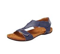 Sandalias ortopédicas para mujer, sandalias de piel, sandalias de suela suave, sandalias planas y huecas, sandalias de cuña con correa en T, sandalias ligeras de verano, antideslizantes, cómodas, azul