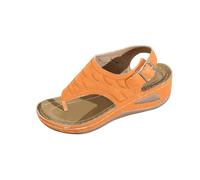 Sandalias ortopédicas planas para caminar, fascitis plantar, transpirables, de piel, puntera abierta, correa de tobillo, con soporte de arco, Orange, 6 UK 3X-Narrow