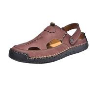 Sandalias para hombre, diseño de agujeros, de piel, transpirables, para el tiempo libre, antideslizantes, ligeras, con protección de los dedos, planas, cómodas, sandalias de playa, Z2 Vino, 39 EU