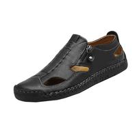 Sandalias para hombre, diseño de agujeros, de piel, transpirables, para el tiempo libre, antideslizantes, ligeras, con protección de los dedos, planas, cómodas, sandalias de playa, Z3 negro., 42 EU