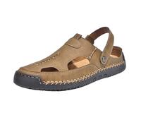 Sandalias para hombre, diseño de agujeros, de piel, transpirables, para el tiempo libre, antideslizantes, ligeras, con protección de los dedos, planas, cómodas, sandalias de playa, Z2 Marrón, 42 EU