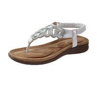 Sandalias para mujer, para el tiempo libre, planas, con perlas de estrás, bohemia, para playa, informales, elásticas, elegantes, planas, brillantes, para el verano, con plantilla suave, Plata 12, 39