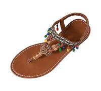 Sandalias para mujer, sandalias romanas planas entre-dedos con bridas múltiples detalle con cuentas y colgantes decorativos brida trasera elástica estilo bohemio retro para playa, ocio y vacaciones de