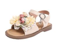 Sandalias para niña con correas de perlas y flores, puntera abierta, zapatos casuales de playa, calcetines para niñas, talla 1, beige, 9 UK Child 3X-Narrow