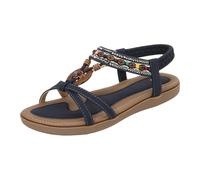 Sandalias planas de verano con cuentas bohemias para mujer, espalda elástica, cómodas, para caminar, vacaciones, playa, estilo étnico, sandalias con correa en T, Blue, 36.5 EU