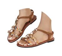 Sandalias planas de vestir para mujer, con adornos de perlas, correa ajustable al tobillo, sandalias casuales de verano para uso diario, sandalias de amor loco para mujer, Brown, 38/36 EU
