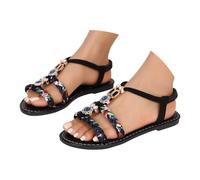 Sandalias planas de vestir para mujer, con adornos de perlas, correa ajustable al tobillo, sandalias casuales de verano para uso diario, sandalias de amor loco para mujer, Black, 5.5 UK 3X-Narrow