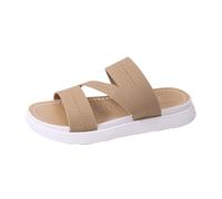 Sandalias Planas Mujer Zapatos Abiertos Desnudos | Tejido Textil, Punta Abierta, Bridas Cruzadas, Suela Gruesa Textura, Slip-On Con Enhebrar | Verano Playa Ciudad Vacaciones Promenade, 01 caqui, 37 EU
