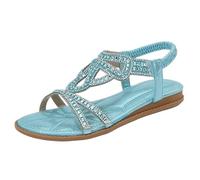 Sandalias planas para mujer 7 con adornos - Zapatos de verano con puntera abierta con purpurina y correa elástica en el tobillo para uso casual y para mujer, sandalias peludas talla 9, Blue, 5.5 UK
