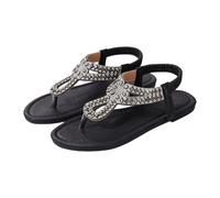 Sandalias planas para mujer, con diamantes de imitación brillantes, correa en T, zapatos de verano, correa elástica al tobillo, elegantes, informales, para la playa, Black, 38 EU