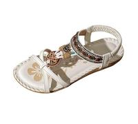 Sandalias planas para mujer, sandalias bohemias de verano con perlas de diamantes de imitación, plantilla suave, zapatos de playa, cómodos zapatos de verano, sandalias planas, sandalias de playa con
