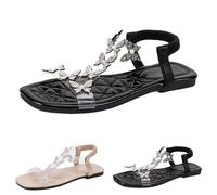 Sandalias planas para mujer, sandalias planas con mariposas de cristal, sandalias transparentes con correa elástica, elegantes zapatos de verano para fiestas y playa, negro/nude, Negro , 42 EU