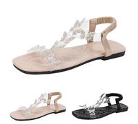 Sandalias planas para mujer, sandalias planas con mariposas de cristal, sandalias transparentes con correa elástica, elegantes zapatos de verano para fiestas y playa, negro/nude, Blanco, 36 EU