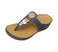 Sandalias retro de metal para mujer, estilo bohemio, con correa en T, planas, informales, de verano, con puntera de clip, para vacaciones, al aire libre, caminar, ocio, Blue, 39 EU