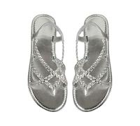 Sandalias romanas planas con puntera de clip para mujer, sandalias de verano para mujer, sandalias atléticas con correa para el talón, Silver, 6 UK 3X-Narrow