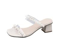 Sandalias Tacon Mujer Sandalias Blancas Anchas Y Zapatillas Gruesas De Tacón De Pvc Transparente Con Perlas Verano A La Para Mujer Sandalia Plana Zapatos Verano 2026 (Beige 38)