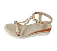 Sandalias trenzadas de cuña para mujer, con diamantes de imitación, con correa en T, anchas, cómodas, suaves, bohemias, para caminar en la playa, Reino Unido, beige, 38.5 EU