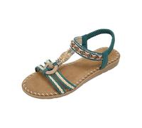 Sandalias y chanclas bohemias para mujer, sandalias de cuña bohemias 2026, con diamantes de imitación F-loral, correa elástica al tobillo, puntera abierta, zapatos planos de verano para la playa, Blue