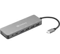 Sandberg Base de Viaje USB-C 13 en 1 | Hub USB-C a 4 USB-A, 1 USB-C, 2 HDMI, VGA, Ethernet, Ranura para Tarjeta de Memoria de Audio, 1 USB-C (100 W) | Alimentación a través | Salida Digital Triple |