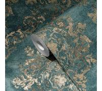 Sanders & Sanders papel pintado barroco azul petroleo, oro y gris 53 cm x 10.05 m