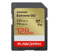 SANDISK Extreme Go SD UHS-I de 128 GB, hasta 230 MB/s de lectura, 110 MB/s de escritura, tarjeta de memoria para vídeo 4K para DSLR y cámara sin espejo, garantía limitada
