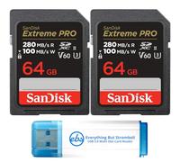 SanDisk - Paquete de 2 tarjetas de memoria SDXC UHS-II de 64 GB (SDSDXEP-064G-GN4IN) con 1 lector de tarjetas Everything But Stromboli SD