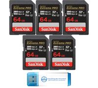 SanDisk - Paquete de 5 tarjetas SDXC de 64 GB UHS-II Extreme Pro para foto | Compatible con cámaras DSLR y cámaras sin espejo (SDSDXEP-064G-GN4IN) con 1 lector de tarjetas Everything But Stromboli SD