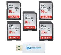 SanDisk SDSDUNC-016G-GN6IN - Tarjeta de memoria Ultra SD de 16 GB, clase 10 (5 unidades) | Tarjetas de memoria para cámaras Trail y cámaras de video, paquete con (1) lector de tarjetas Everything But Stromboli SD