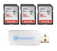 SanDisk SDSDUNC-016G-GN6IN - Tarjeta SDHC de 16 GB (3 unidades) Ultra UHS-I | Compatible con cámaras, portátiles y la mayoría de dispositivos habilitados para SD UHS-I, paquete con (1) lector de tarjetas
