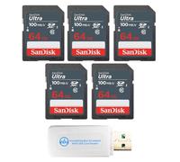 SanDisk SDSDUNR-064G-GN3IN - Tarjeta de memoria de clase 10, 5 unidades de | Compatible con cámaras digitales, drones y cámaras de sendero, paquete con (1) lector de tarjetas SD multiranura Everything