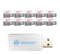 SanDisk - Tarjeta de memoria clase 10 (10 unidades) Tarjeta Ultra MicroSDXC | Compatible con tabletas y cámaras de seguridad (SDSQUNR-064G-GN3MN) con (1) lector de tarjetas Everything But Stromboli Combo