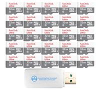 SanDisk - Tarjeta de memoria clase 10 (25 unidades) Tarjeta Ultra MicroSDXC | Compatible con tabletas y cámaras de seguridad (SDSQUNR-032G-GN3MN) con (1) lector de tarjetas Everything But Stromboli Combo