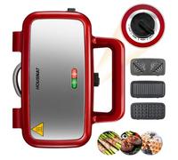 Sandwichera 3 en 1 - Sandwichera Tostadora - 1200W con Control de Temperatura de 5 Velocidades - Para Gofres Belgas - Recubrimiento Antiadherente - Perfecto para el Desayuno, Rojo