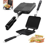 Sandwichera Antiadherente Doble Cara con Asas Resistentes Calor, Sartén Plancha Sándwich Portátiles, Tostadora Fondo Plano Multifunción, Utensilios Desayuno Cocina Mini para Acampar, Aire Libre, Hogar