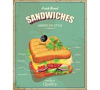 Sandwiches, American Diner Vintage Metal Sign, Placa retro, Cafe Bar, Fast Food Divertido Cartel de Metal de 30 cm x 16 cm