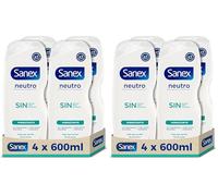 Sanex Gel de Ducha Neutro Hidratante (4x600 ml), con ingredientes esenciales, 0% sulfatos*, 0% jabón y 0% colorantes, para todo tipo de piel, hidratación duradera, tecnología triple acción
