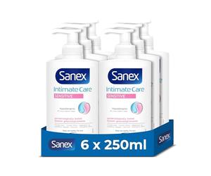 Sanex Jabón Íntimo Sensitive Hipoalergénico, 6 uds x 250ml, Formulado para zonas íntimas, Fórmula sin jabón para reducir la irritación, Respeta el pH natural de la piel, Testado ginecológicamente