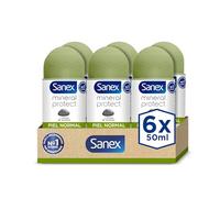 Sanex Mineral Protect, Desodorante Roll-On Piel Normal, Pack 6x50ml | Roll-on antitranspirante 48h con piedra de alumbre natural, 0% Alérgenos, 0% Alcohol, Respeta la piel y el planeta