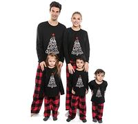 Sangdut Conjunto de pijama familiar de Navidad a juego, pijamas de Navidad a cuadros de manga larga, ropa de dormir para mujeres/hombres/parejas, Joy Black, 12-14 años