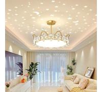 SANGPAO Decoración del hogar Lámpara de corona dorada Princesa para niña Luz colgante LED de cristal regulable redonda con estrellas proyectadas Lámpara de techo para niños estrellados Lámpara de mont