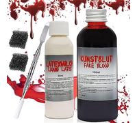 Sangre Artificial 100 ml, Leche de látex de 60 ml, Sangre Artificial Herida Falsa Cicatrices con 2 esponjas de Maquillaje y espátula, Herida sangrienta para Halloween Vampiro Herida Cicatriz Efectos