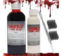 Sangre artificial,sangre falsa para Halloween,sangre película, sangre artificial100 ml leche látex de 60 ml, sangre de zombie con 2 esponjas de maquillaje y espátula para maquillaje Halloween cosplay