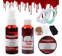 Sangre artificial Spray Líquido Cera cuajada para cicatrices, 2 dientes de vampiro, set de maquillaje para efectos especiales zombies, vampiro, maquillaje allowen