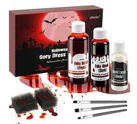 Sangre Falsa Halloween, 58 ml Sangre Fresca Falsa, Sangre Teatro Rojo Oscuro de 48 ml, látex líquido de 28 ml, brocha de Maquillaje y Esponja, Lavable para Halloween Cicatriz Herida Vampiro