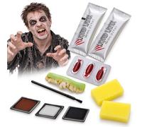 Sangre falsa y latex liquido, kit maquillaje Halloween zombie profesional | 13 piezas Festicy: 3 colores en crema, dientes postizos, 3 capsulas, 2 esponjas y pincel. Sin parabenos
