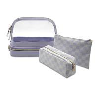 Sangula·Valley Bolsa de Maquillaje 3Pcs, Neceser Transparente de Doble Capa,Bolsa de Aseo para Mujer, Artículos Esenciales de Viaje (Morado)